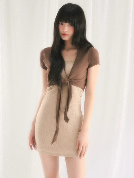 Beige Knit Mini Dress with Brown Tie-Front Shrug Cardigan, 2-Piece Outfit with Ribbed Texture and Fitted Silhouette R9256