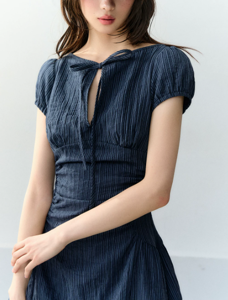 Navy Blue Keyhole Neck Short Sleeve Mini Dress Women With Bow Tie Detail R9393