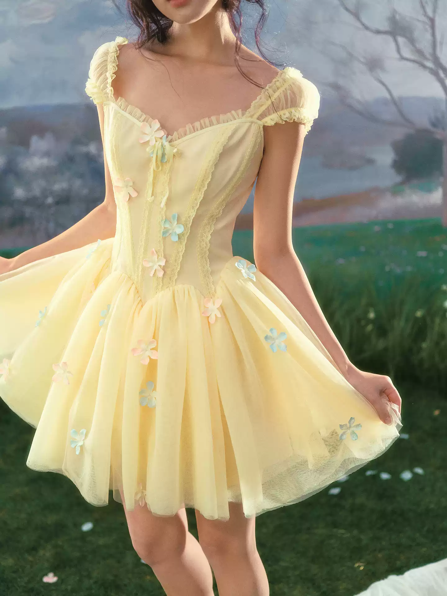 Romantic Princess Tulle Mini Dress Sweetheart Neck Lace Trim 3D Flower Applique Satin R9192