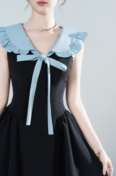 Black & Blue Dress, Women's Sleeveless Ruffle Collar with Bow A-Line Mini Dress R9340