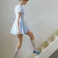 Blue White Gingham Puff Sleeve V-Neck Mini Dress Women High Waist A-Line Dress R9350