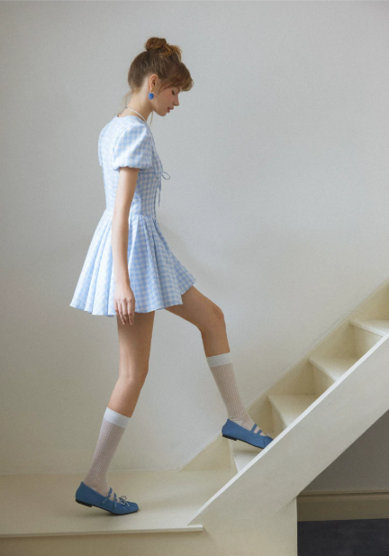 Blue White Gingham Puff Sleeve V-Neck Mini Dress Women High Waist A-Line Dress R9350