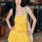 Yellow Halter Neck Mini Dress With Rose Embroidery And Pleated Skirt R9284