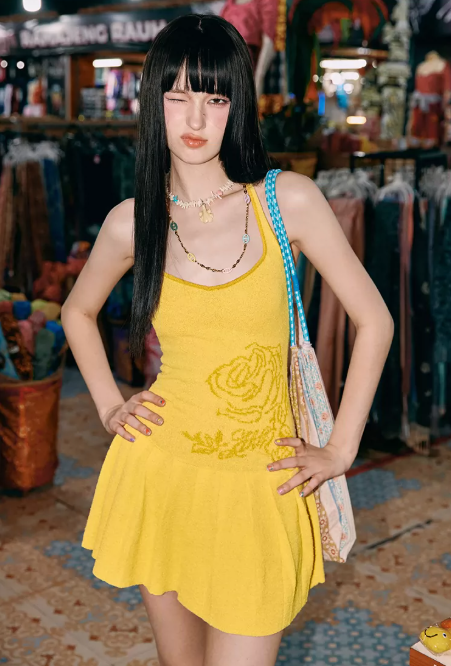 Yellow Halter Neck Mini Dress With Rose Embroidery And Pleated Skirt R9284