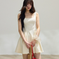 Cream White French Style Sleeveless Mini Dress, Square Neck High Waist Flare Skirt R9377