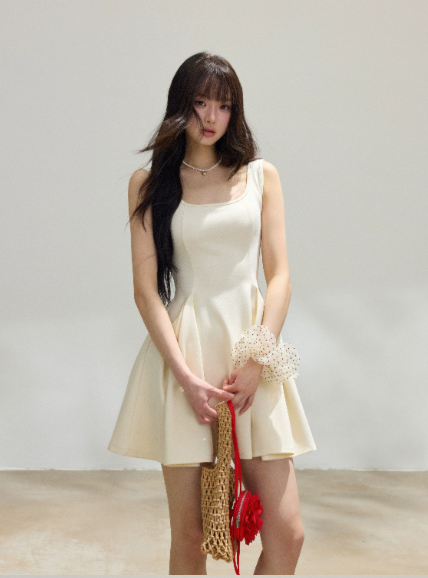 Cream White French Style Sleeveless Mini Dress, Square Neck High Waist Flare Skirt R9377