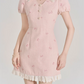 Feminine Pink Tweed Dress with Peter Pan Collar, Girly Puff Sleeve Embroidered Mini Dress for Women R9327