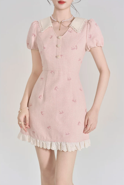 Feminine Pink Tweed Dress with Peter Pan Collar, Girly Puff Sleeve Embroidered Mini Dress for Women R9327