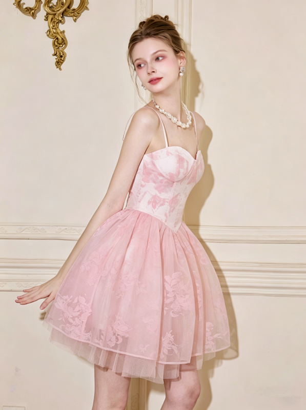 Corset Style Pink Floral Tulle Dress with Spaghetti Straps R9209