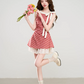2026 Summer New Red Gingham Dress With Bow Neck And Chiffon Underlayer R9401