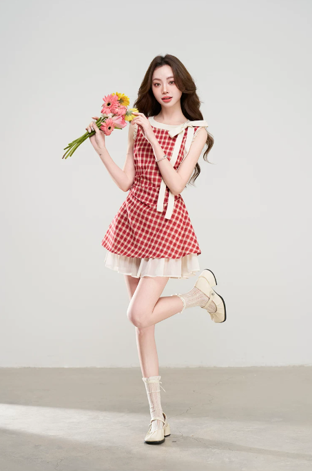 2026 Summer New Red Gingham Dress With Bow Neck And Chiffon Underlayer R9401