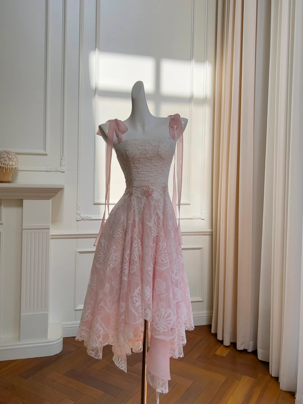Light pink suspender tie waist slim A-line irregular skirt long skirt homecoming dress R5218