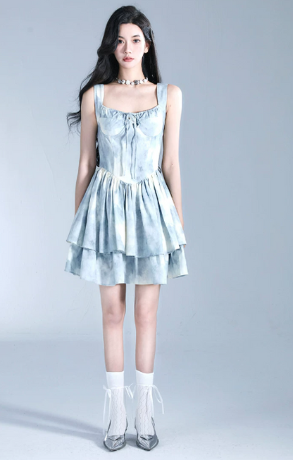 Blue Tie Dye Corset Style Cami Dress Women With Tiered Skirt And Lace Trim R9438