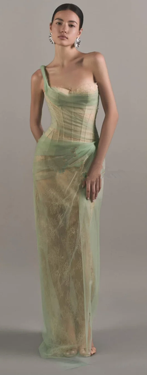 Green one-shoulder strapless tube top waist fishbone slim sexy long skirt homecoming dress R4916