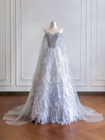 Gray-blue strapless, fitted waist, rhinestone-studded, full skirt long ball gown, bridal dress R8193