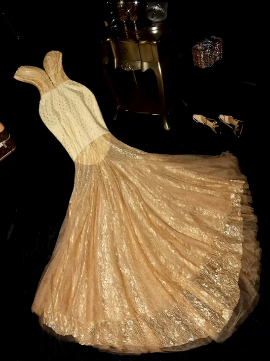 Gold strapless fitted mermaid skirt long ball gown R6847