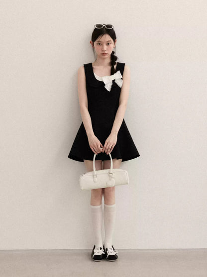 Black Sleeveless A-Line Dress with White Bow Accent R9171