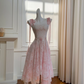 Light pink suspender tie waist slim A-line irregular skirt long skirt homecoming dress R5218