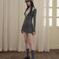 Grey Lace Trim Long Sleeve Mini Dress With V-Neck And Bodycon Fit R9289