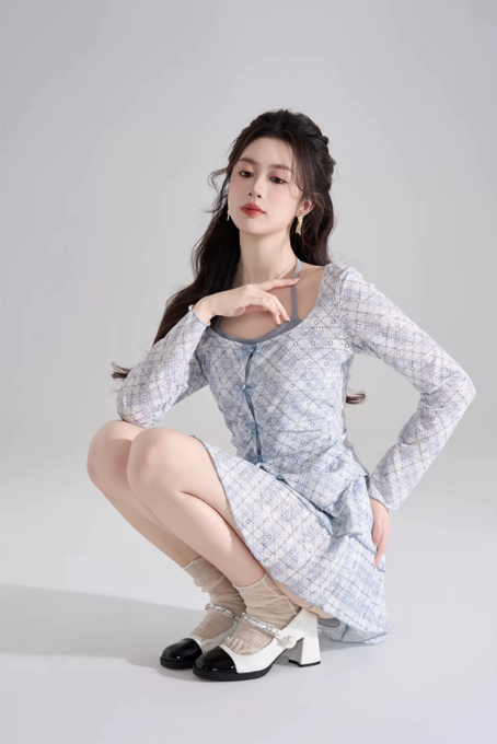 Fresh Blue Plaid 3-Piece Outfit, Women's Long Sleeve Bow Detail Top with Cami and Mini Skirt R9338