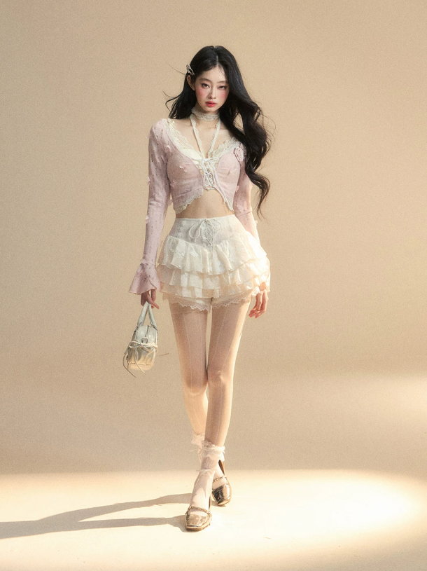 Sheer Floral Appliques Lace Tiered Mini Dress Outfit R9231