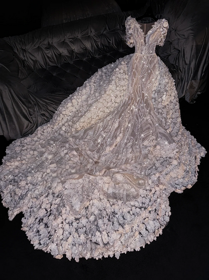 White lace floral sequined fitted long ball gown/bridal dress R8764