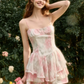 Pink and White Tie-Dye Corset Mini Dress with Tiered Ruffle Skirt and Spaghetti Straps R9268