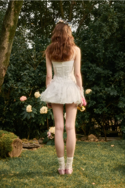 White Corset-Style Mini Dress with Lace-Up Front, Tulle Ruffle Skirt, and Thin Spaghetti Straps R9257