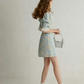 Blue Floral Print Mini Dress Women With Lace Trim Neckline And Puff Sleeves R9479