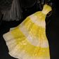 Yellow sequined strapless long ball gown with a fitted waist and full skirt R8734