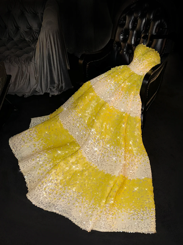 Yellow sequined strapless long ball gown with a fitted waist and full skirt R8734
