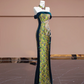 Yellow-based, green floral print, off-the-shoulder, fitted, long ball gown R8336
