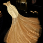 Gold strapless fitted mermaid skirt long ball gown R6847