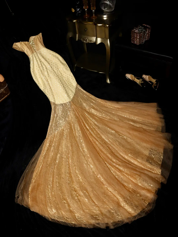 Gold strapless fitted mermaid skirt long ball gown R6847