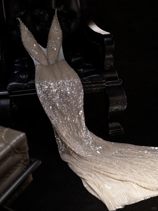 Light champagne-colored halter-neck sequined fitted long ball gown, bridal dress R8824