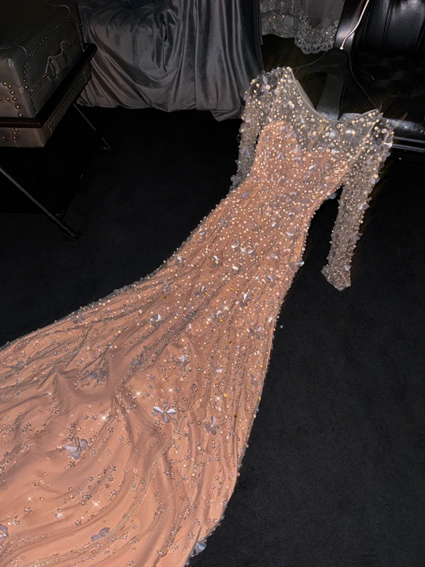 Light pink long-sleeved fitted ball gown, bridal dress R8794