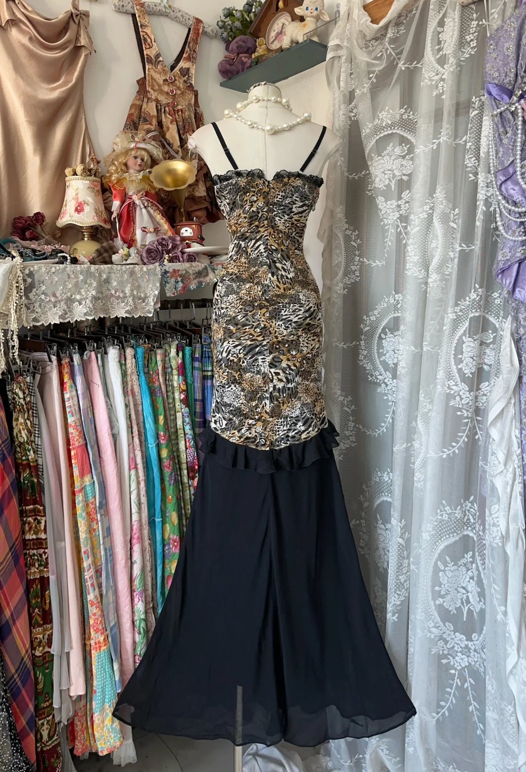 Leopard print suspenders slim waist hip fishtail sexy long skirt ball gown R6169