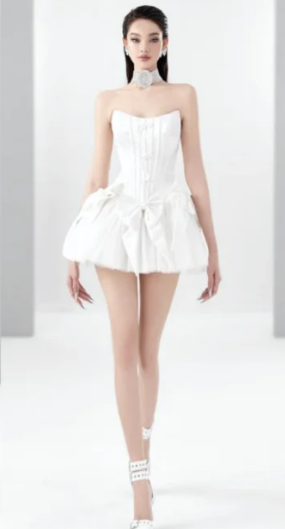 White tube top slim waist temperament puffy princess skirt homecoming dress R4793