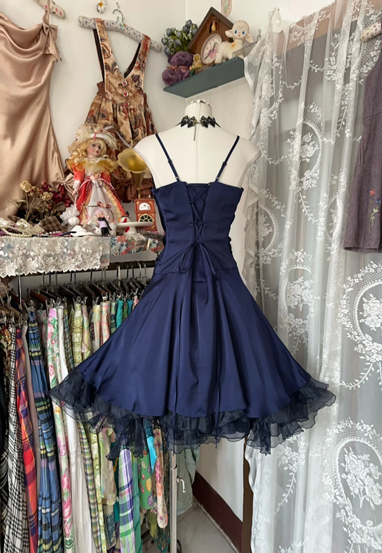 Navy blue halter-neck fitted A-line mini ball gown R6328