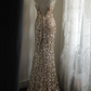 Gold sequined halter-neck fitted long ball gown R6807