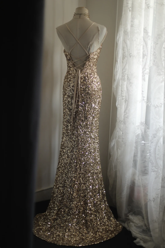 Gold sequined halter-neck fitted long ball gown R6807