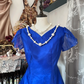 Blue short-sleeved, fitted A-line long dress, ball gown R6288