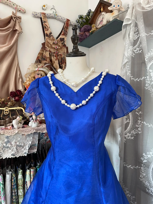 Blue short-sleeved, fitted A-line long dress, ball gown R6288