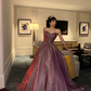 Purple sequined strapless dress with a fitted waist and a full skirt, a ball gown R6408