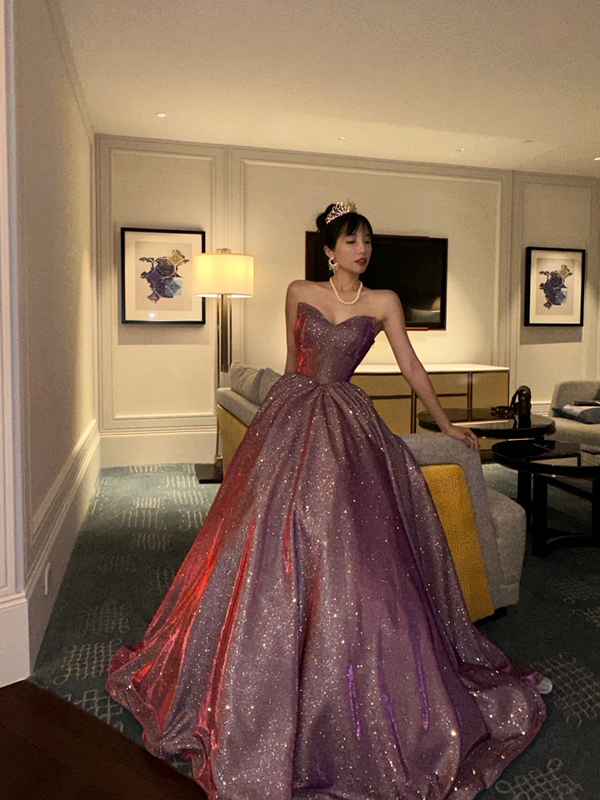 Purple sequined strapless dress with a fitted waist and a full skirt, a ball gown R6408