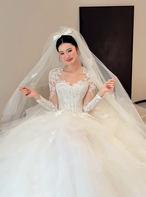 White lace top waist slim fit puffy skirt tulle long dress bridal dress R6029