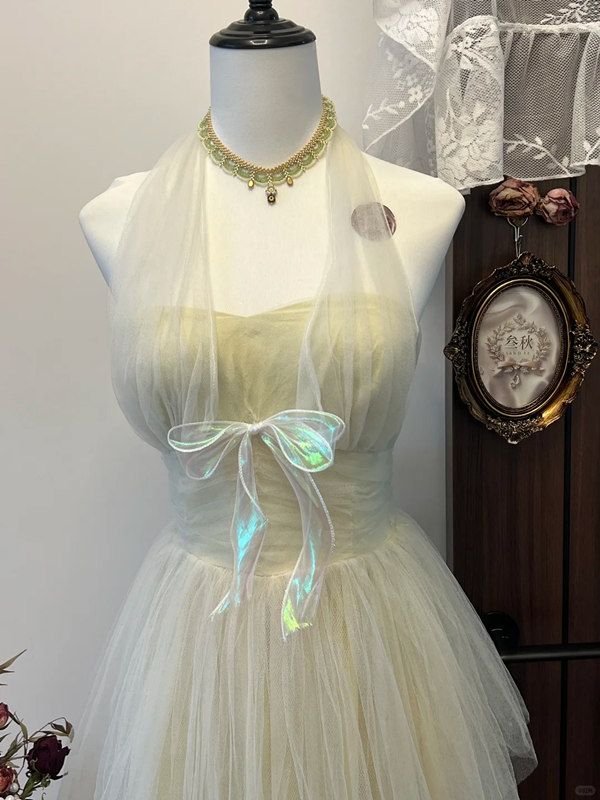 Light yellow halterneck waist slim-fitting layered tulle long dress for homecoming R4306