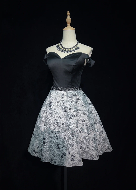Temperament black tube top waist pattern A-line skirt short skirt homecoming dress R4997