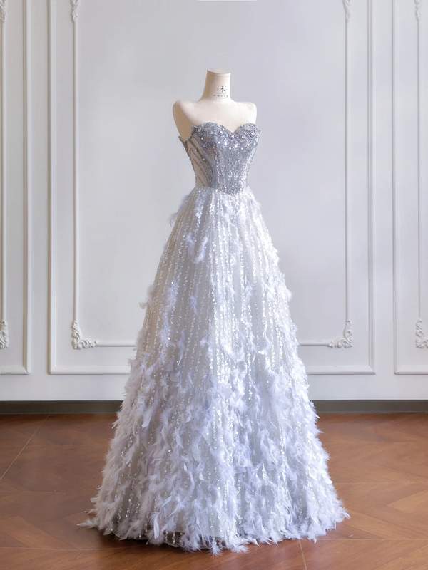Gray-blue strapless, fitted waist, rhinestone-studded, full skirt long ball gown, bridal dress R8193