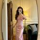Light pink off-the-shoulder fitted long sexy ball gown, bridal dress R8611